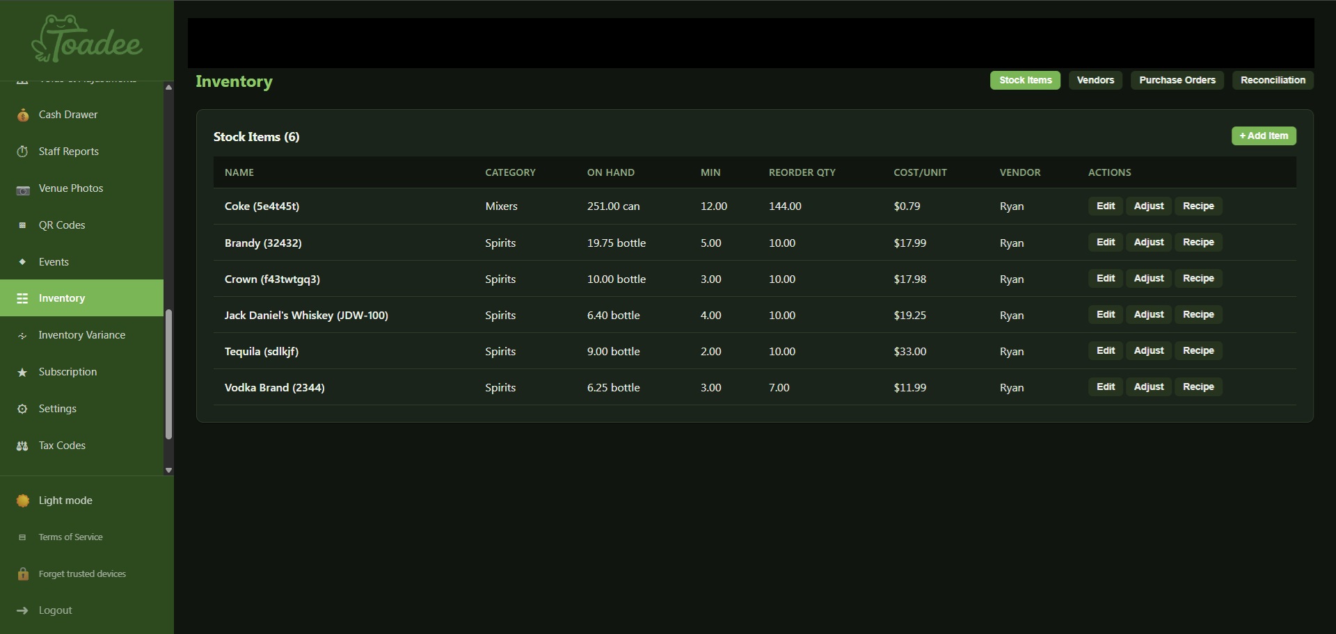 Inventory — Toadee admin