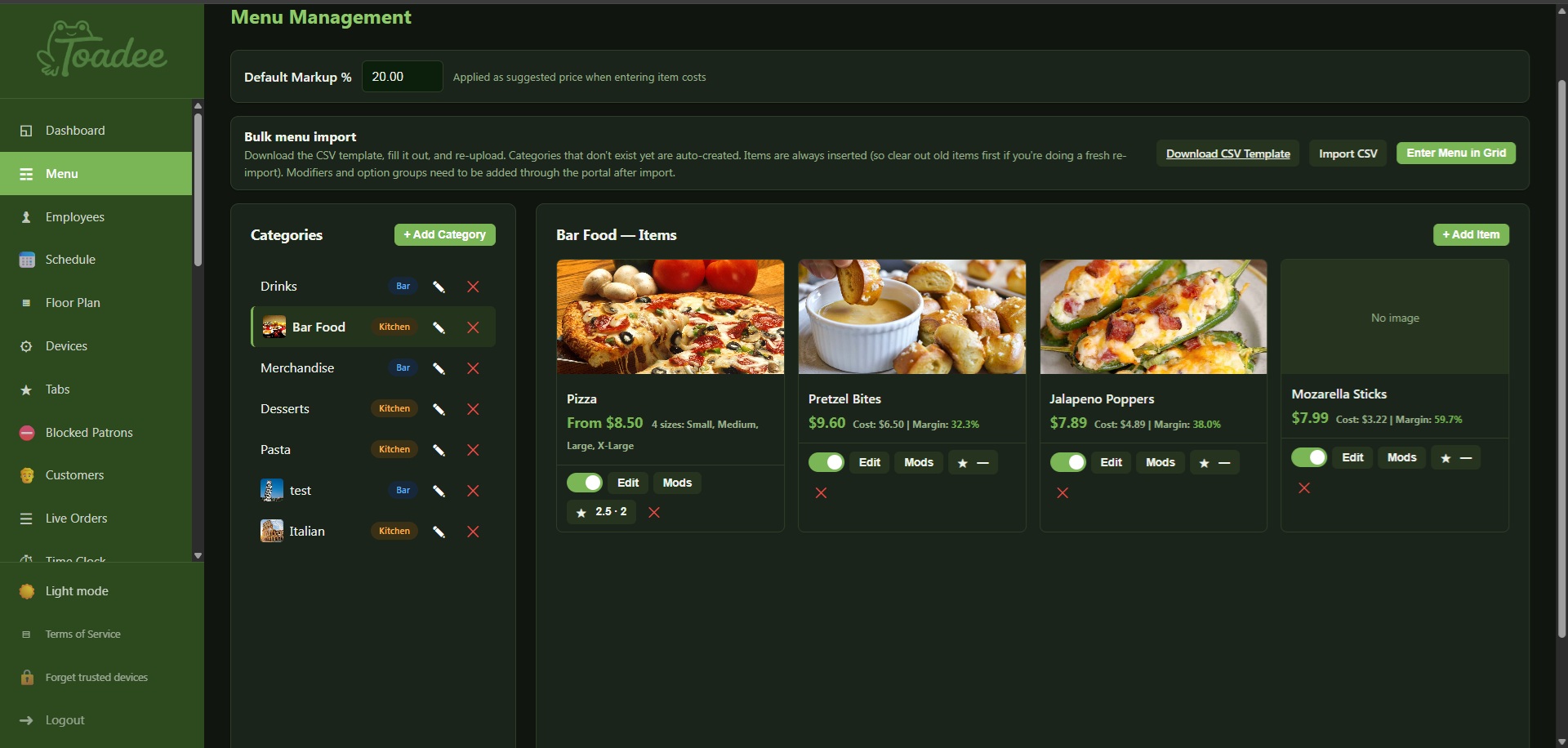 Menu management — Toadee admin