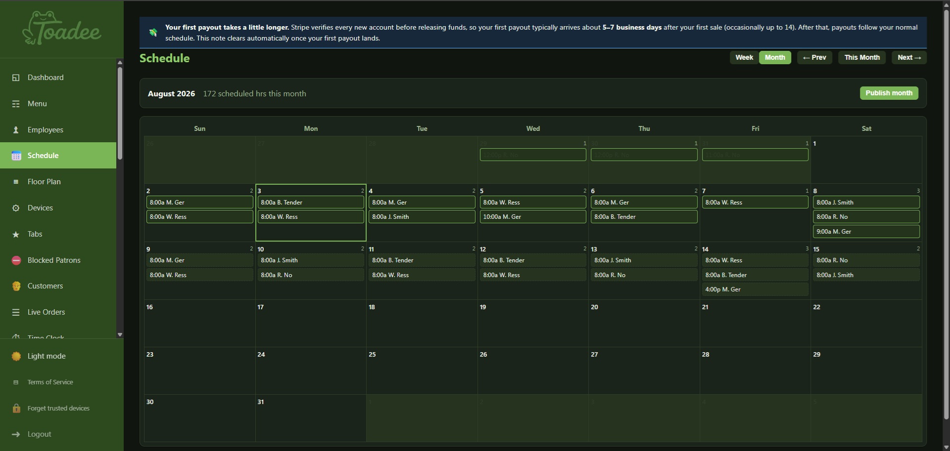 Monthly schedule — Toadee admin