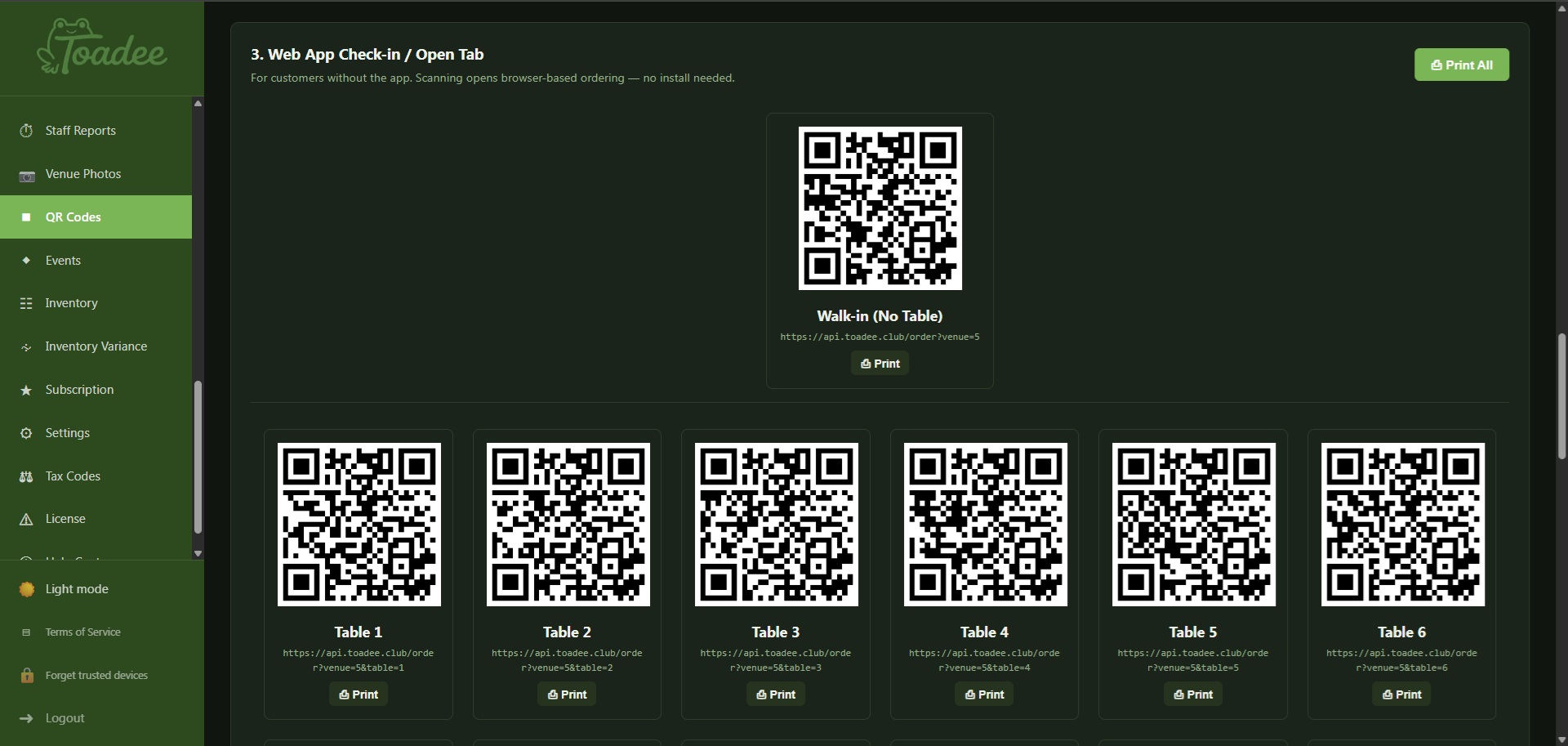 QR codes — Toadee admin