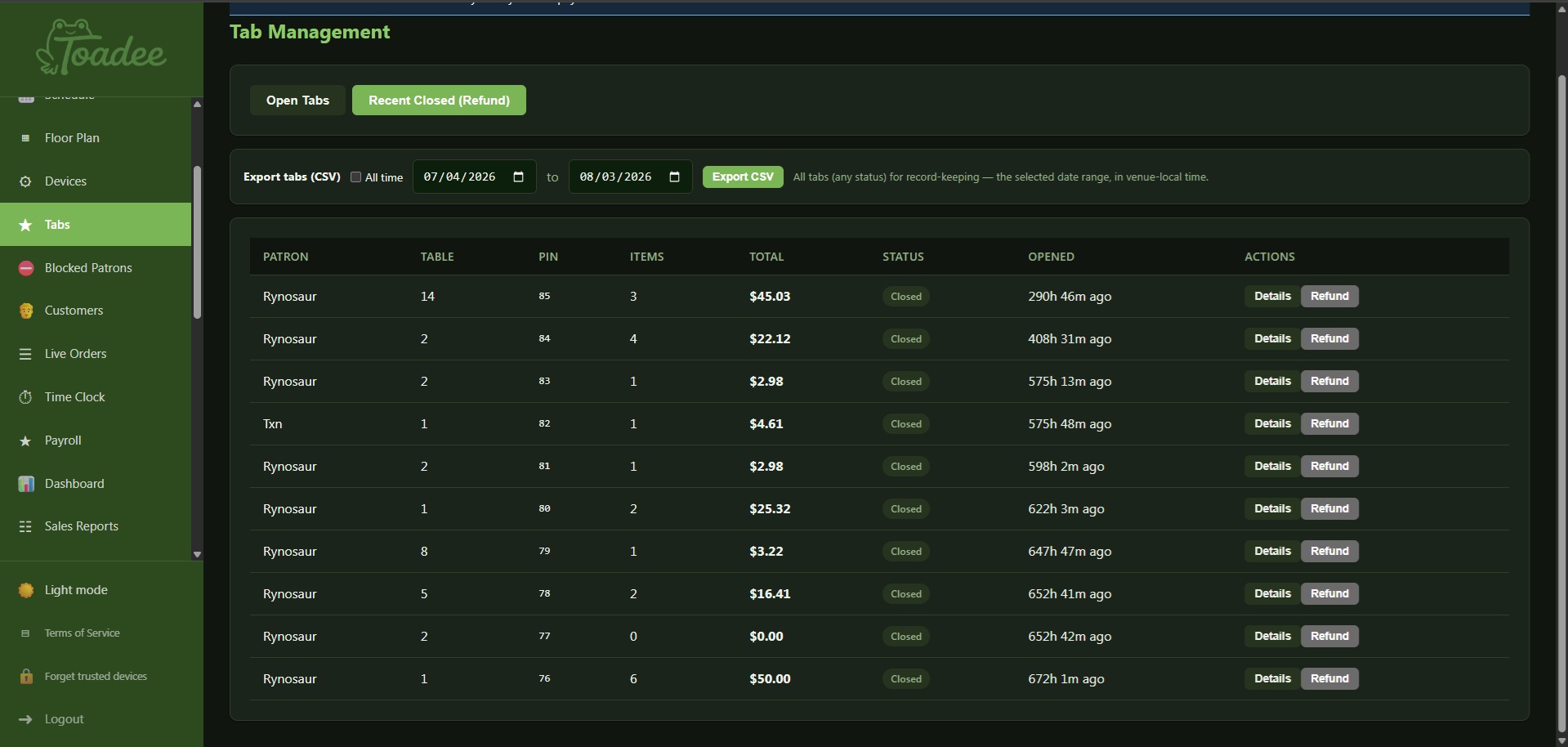 Tab management — Toadee admin