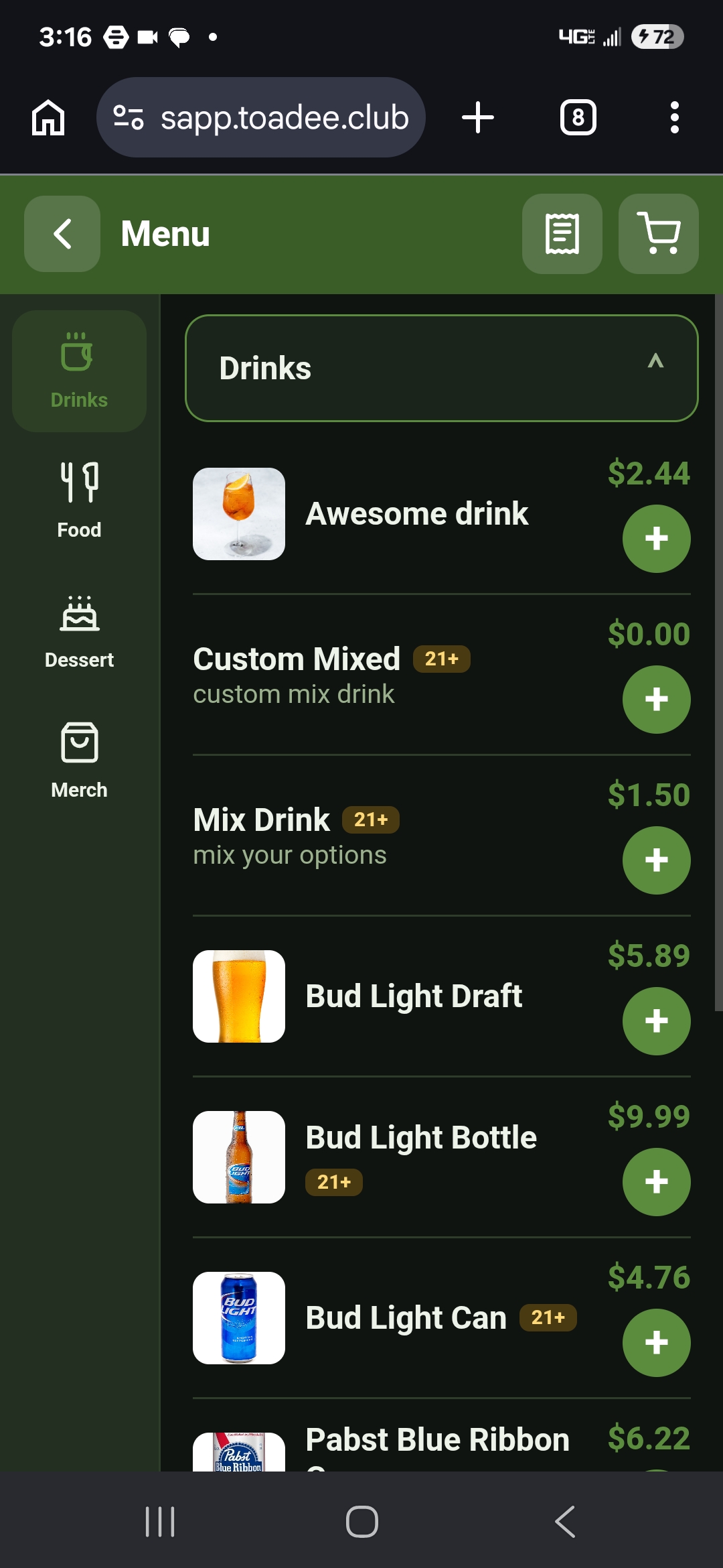Drinks menu — Toadee customer app