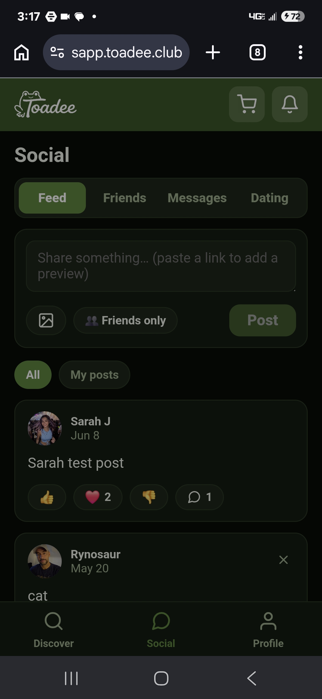 Social feed — Toadee customer app