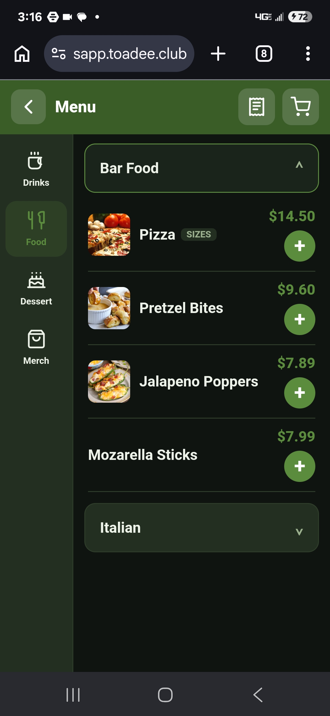 Food menu — Toadee customer app