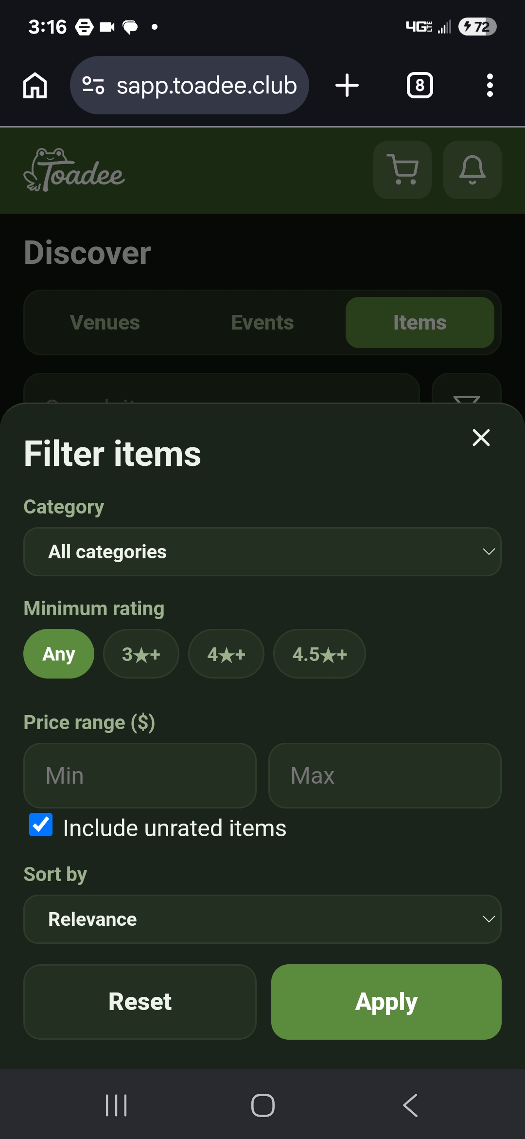 Item filters — Toadee customer app