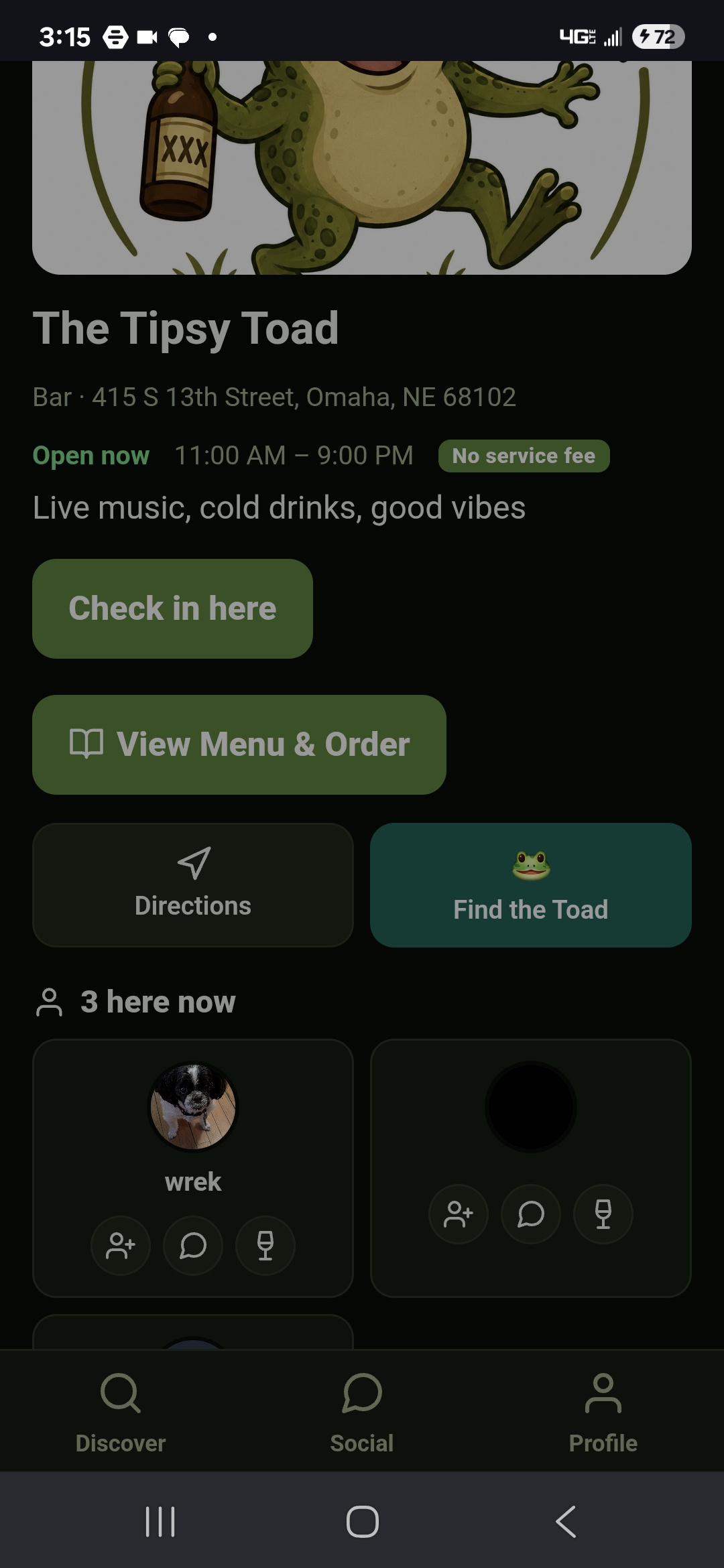 Venue page — Toadee customer app