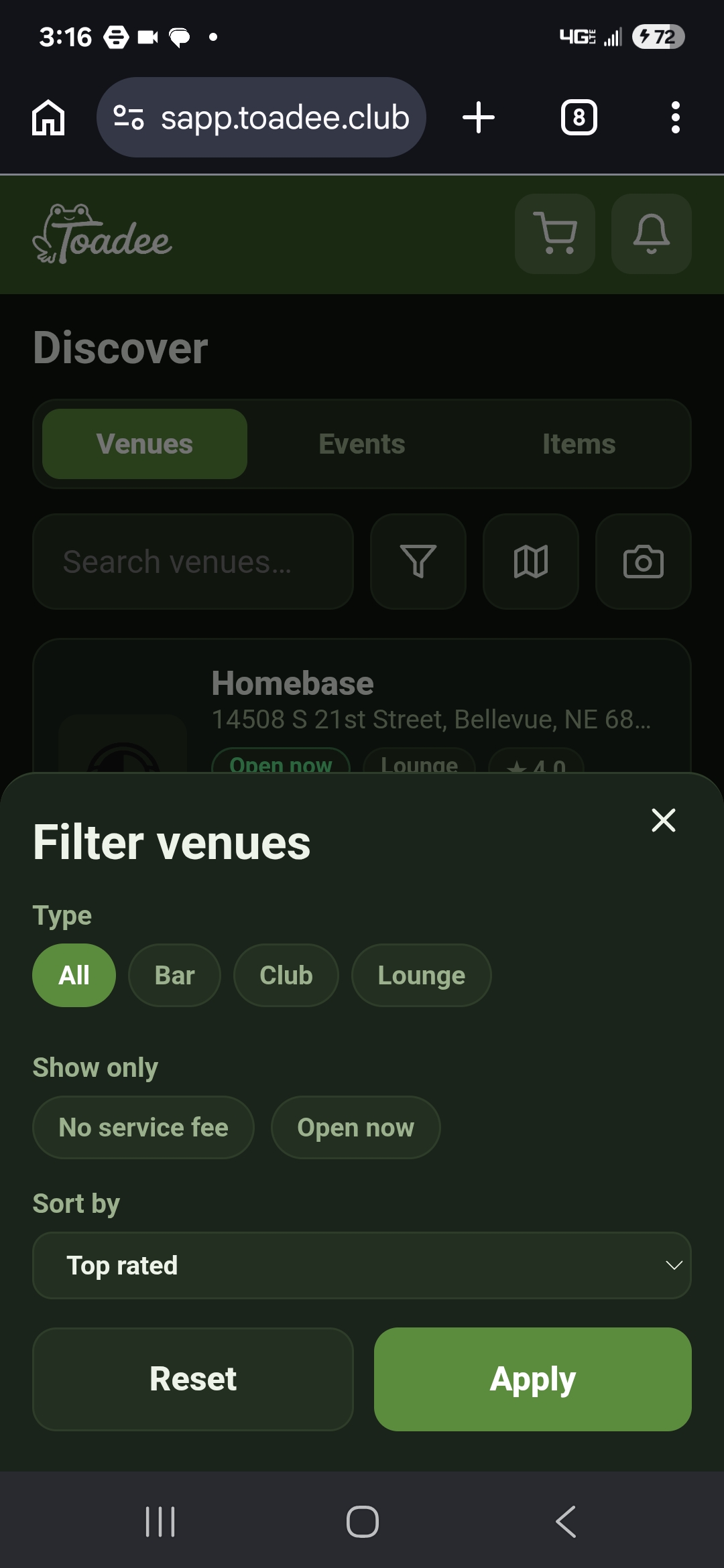 Filter venues — Toadee customer app