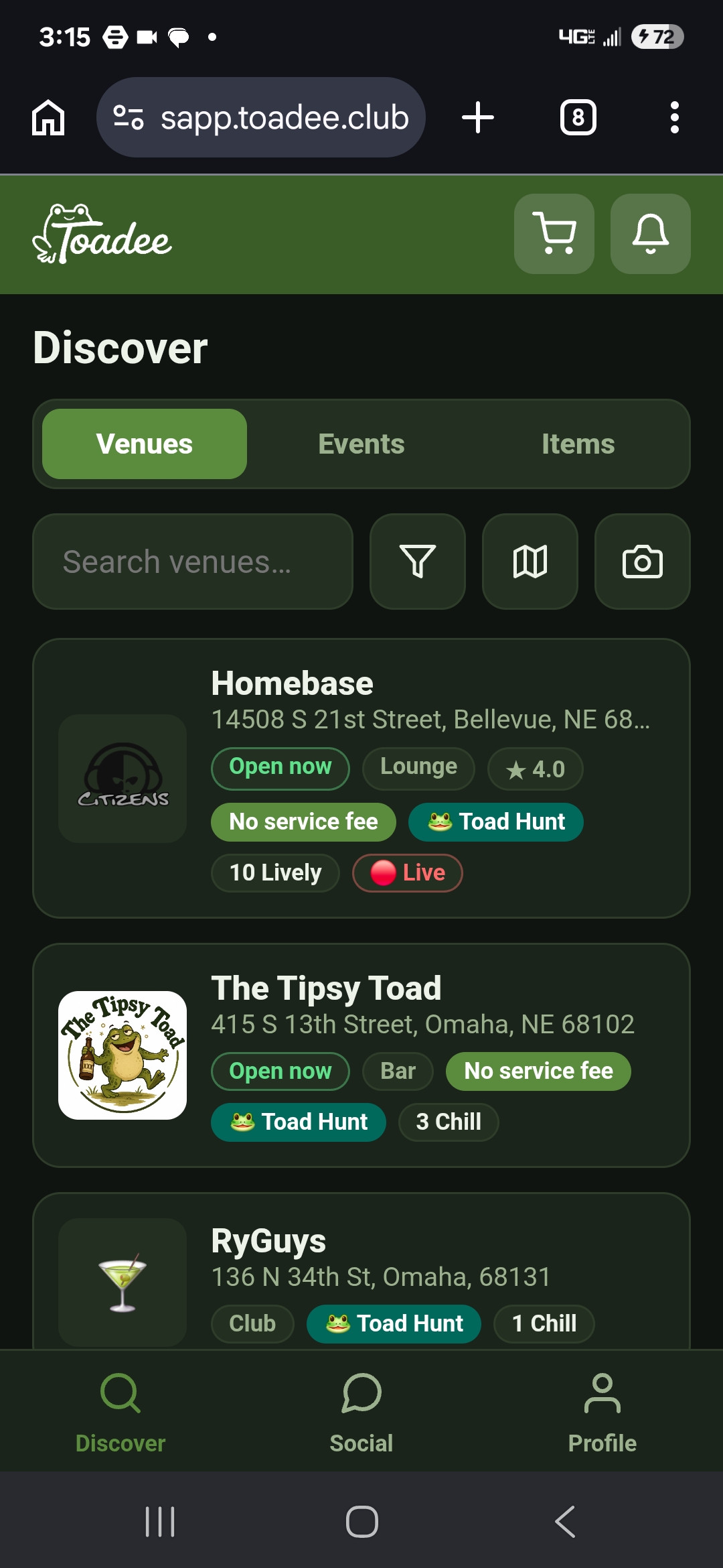 Discover venues — Toadee customer app