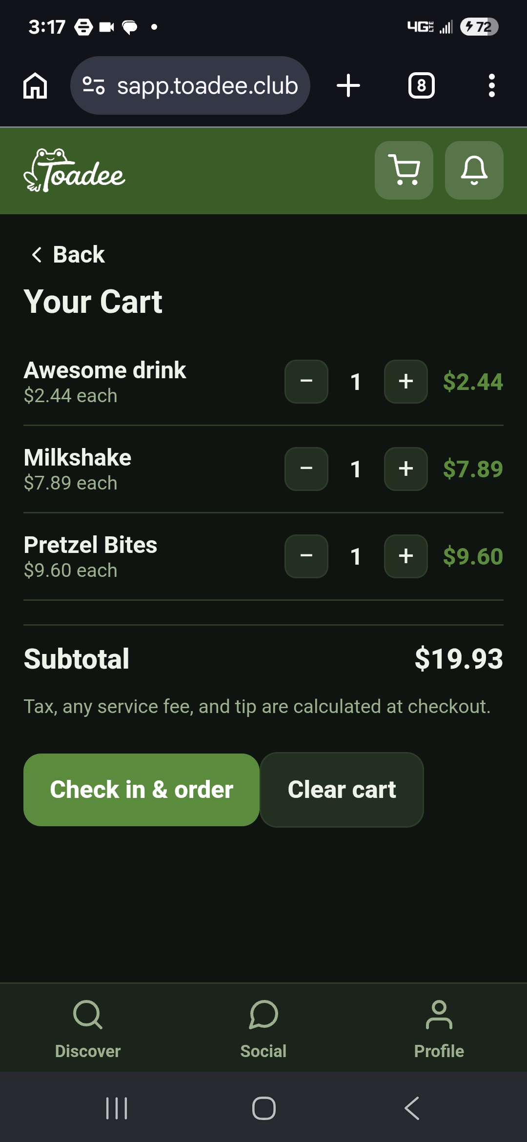 Cart and tab — Toadee customer app