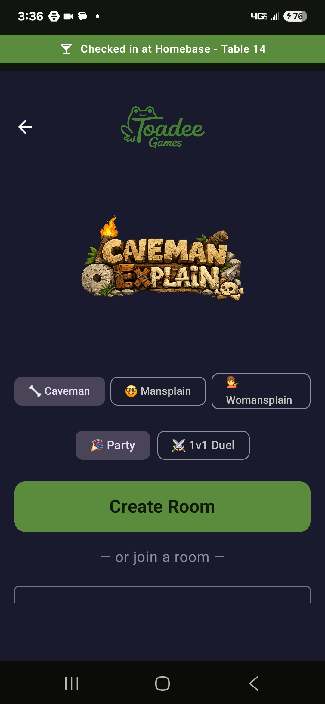 Caveman Explain bar game — Toadee