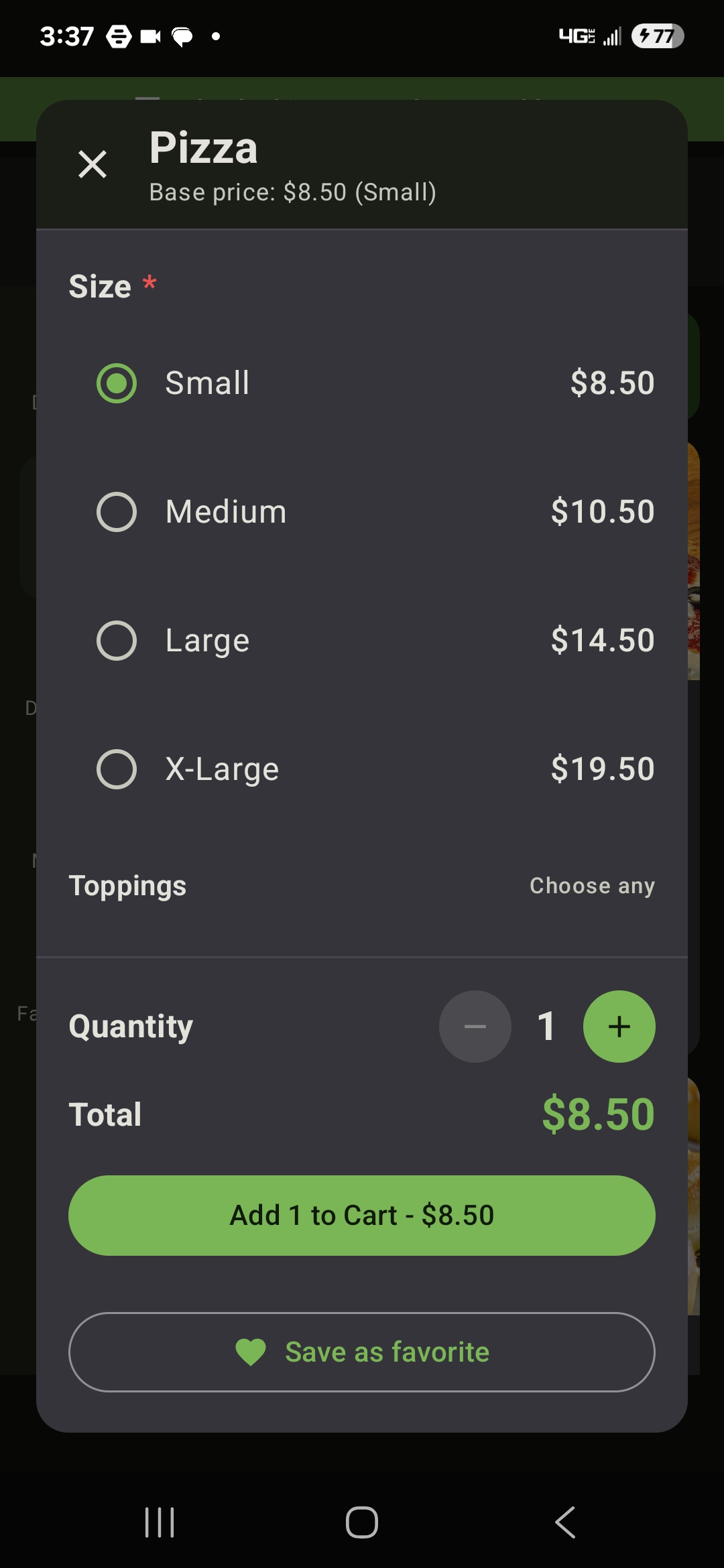 Item modifiers — Toadee customer app