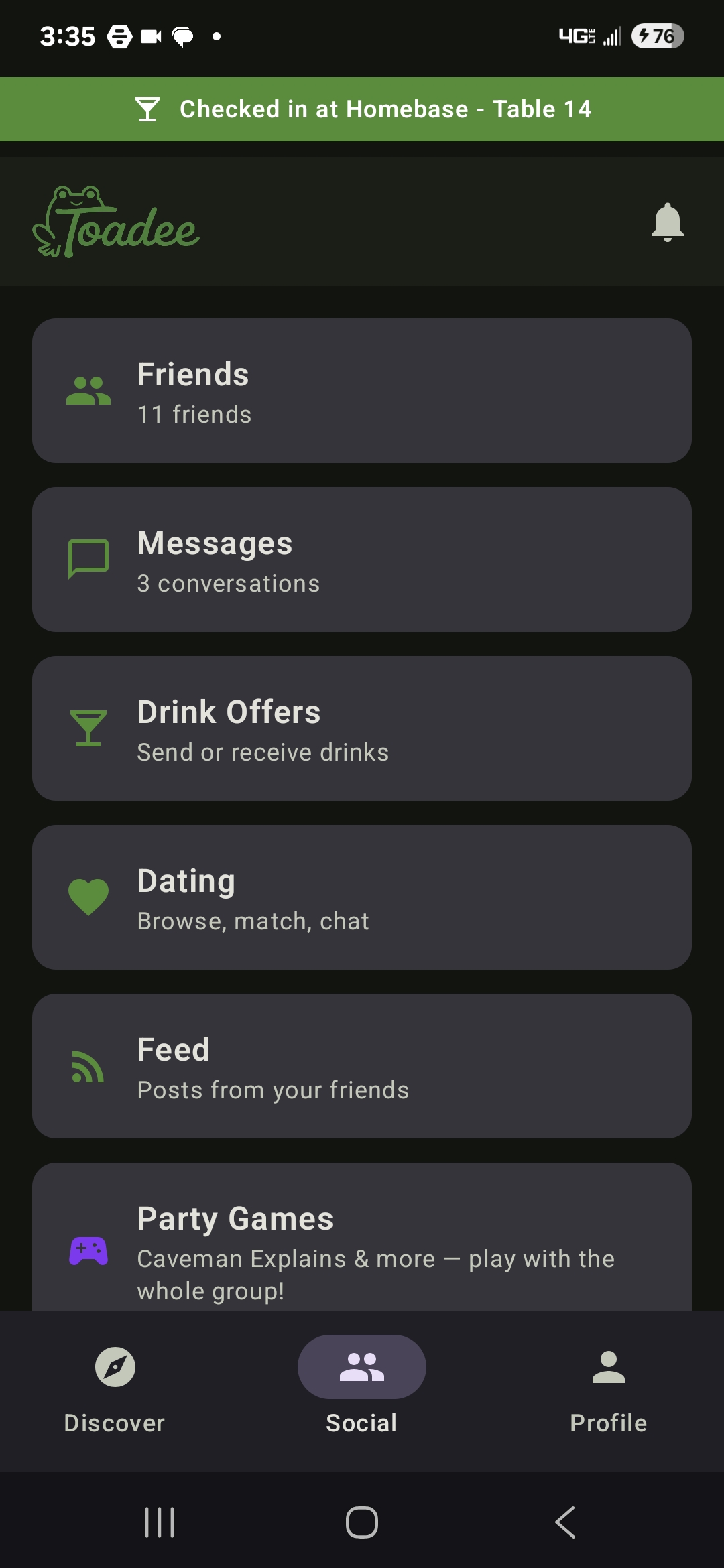 Social hub — Toadee customer app