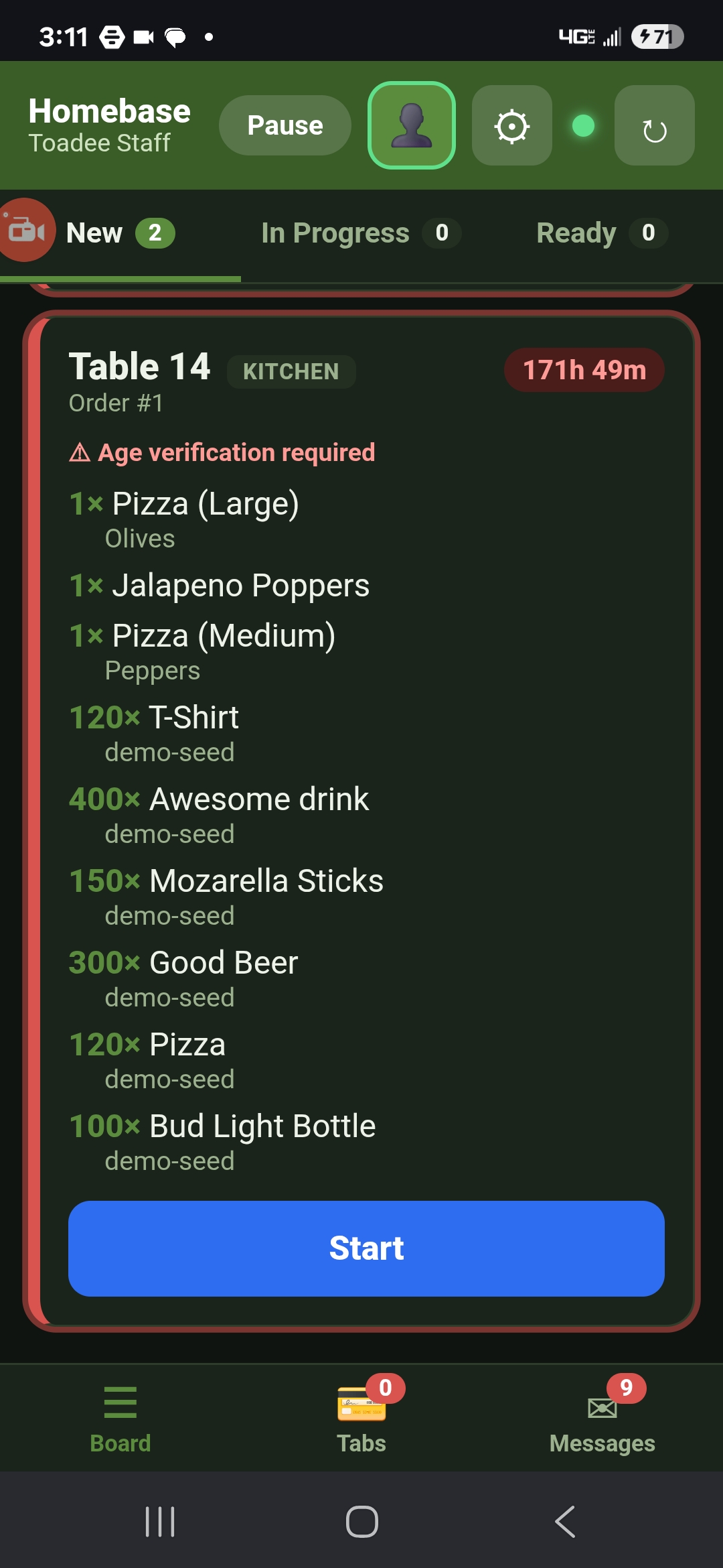Order board — Toadee staff app