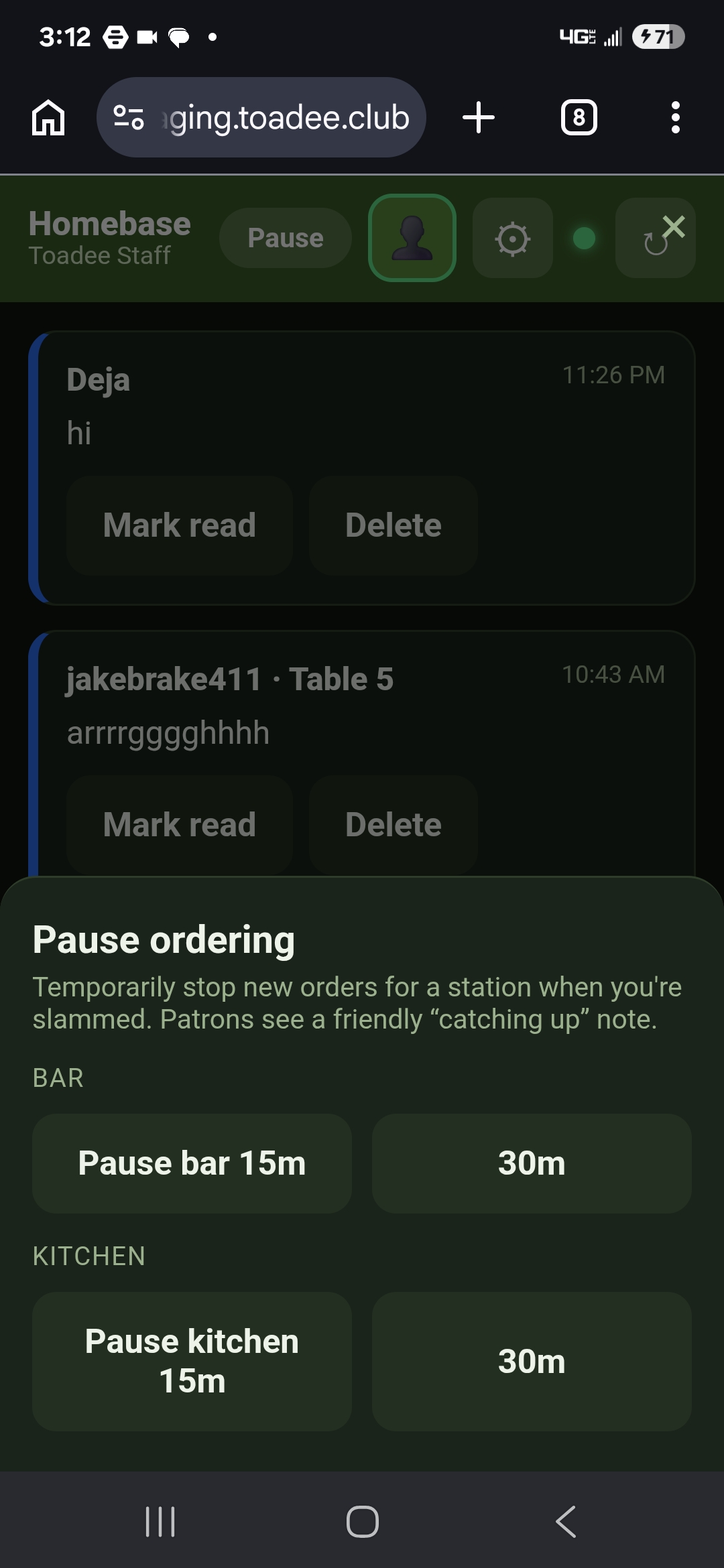 Pause ordering — Toadee staff app