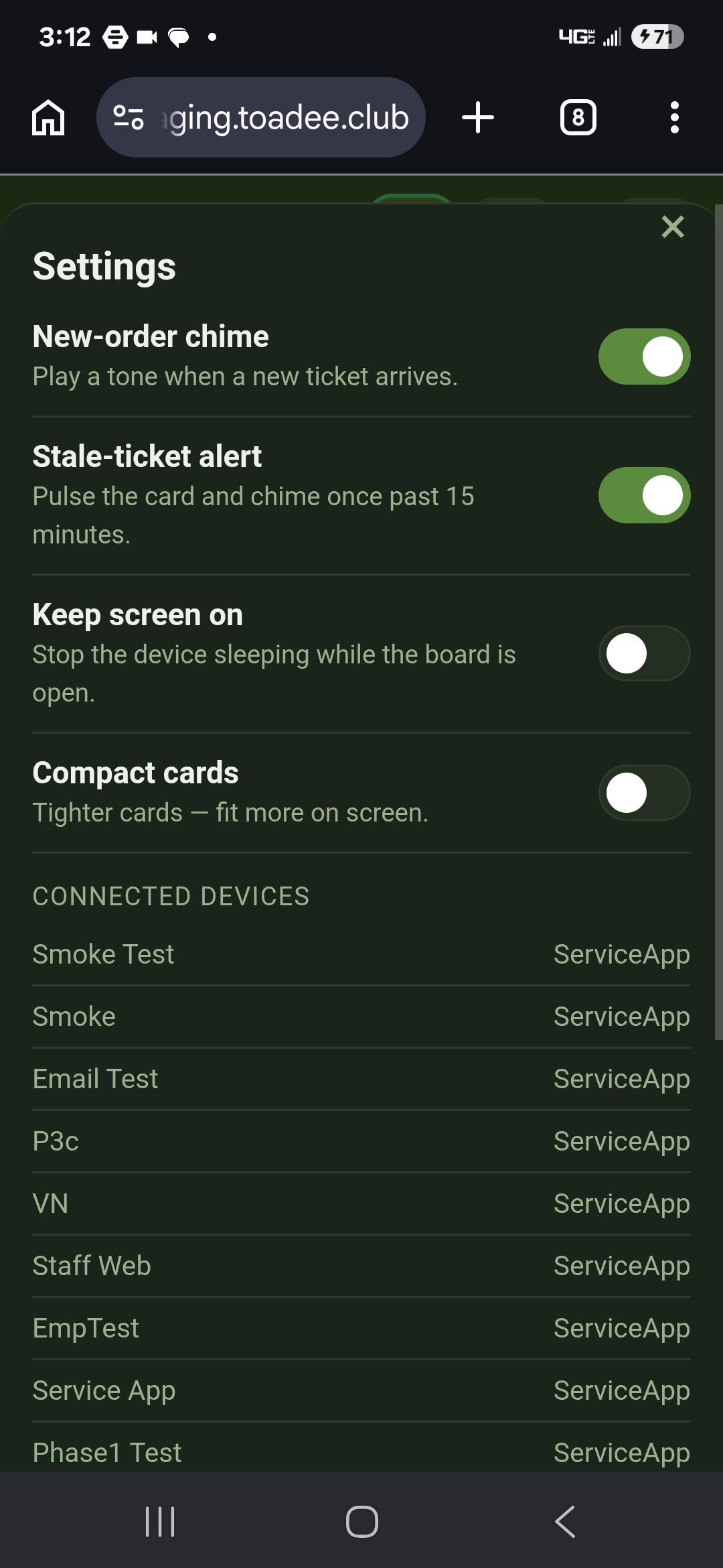 Settings — Toadee staff app